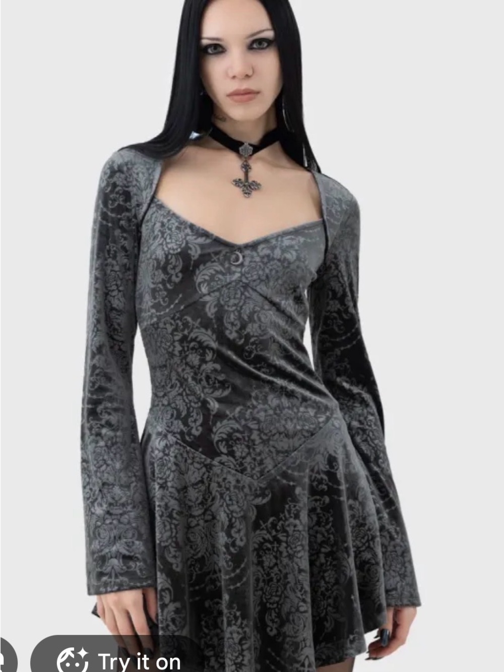 Killstar Sorcerous Velvet Burnout Long Sleeve Fit-&-Flare Dress in Charcoal Gray